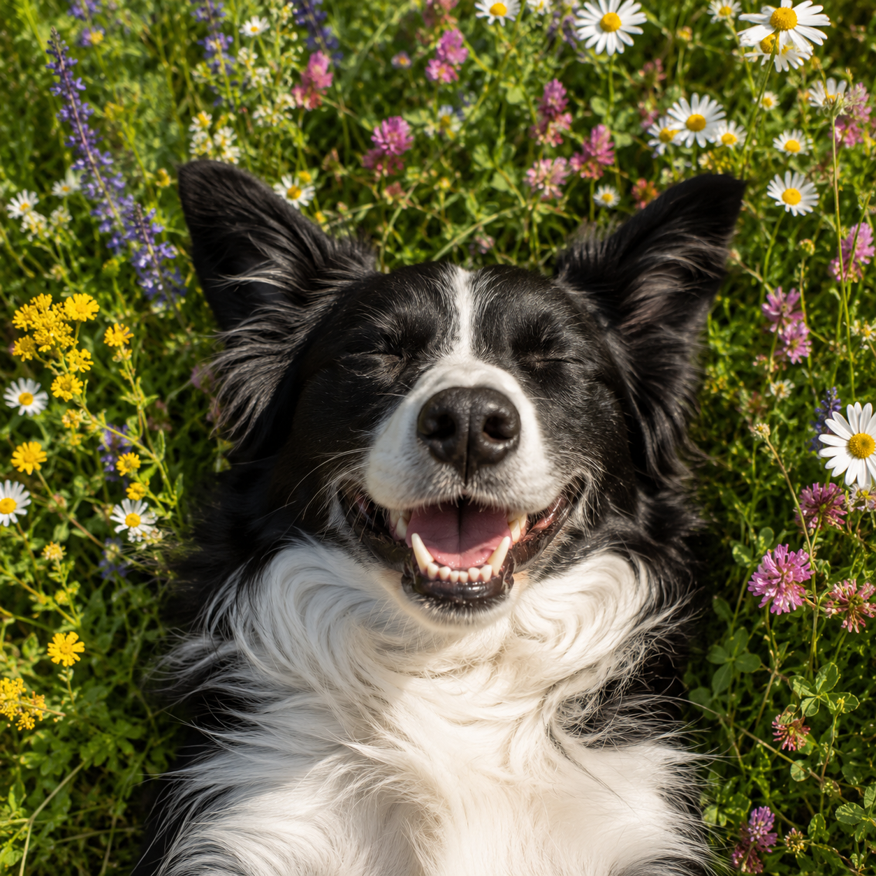 A smiling black and white dog lying among wildflowers